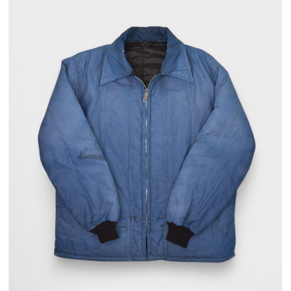 Vintage Quilted Jacket Mens Large Blue Faded Mechanic Insulated Chore Workwear